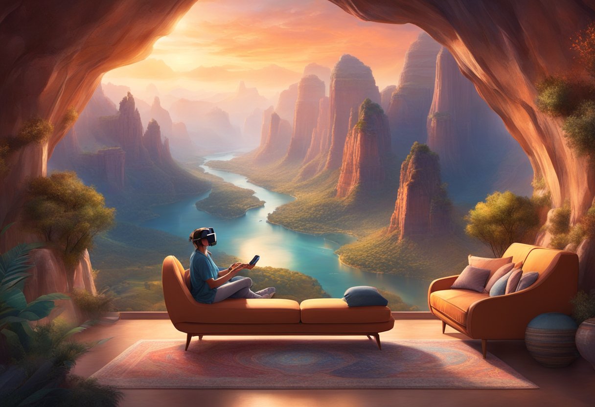 A virtual reality headset sits on a cozy couch, transporting the viewer to a breathtaking canyon landscape with towering rock formations and a winding river below