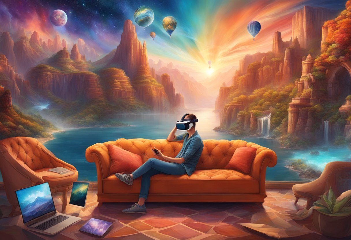 A person sitting on a couch with a virtual reality headset, surrounded by images of different travel destinations, including canyons and mountains