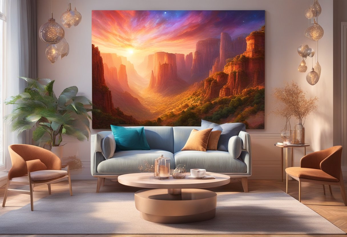 A cozy living room with a virtual reality headset on a coffee table, surrounded by images of majestic canyons and landscapes on the walls
