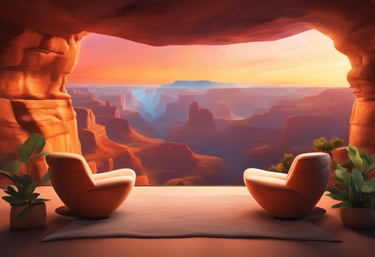 A virtual reality headset sits on a comfortable couch, with a stunning canyon landscape displayed on the screen. The room is accessible and inclusive, with no barriers to enjoying the immersive experience