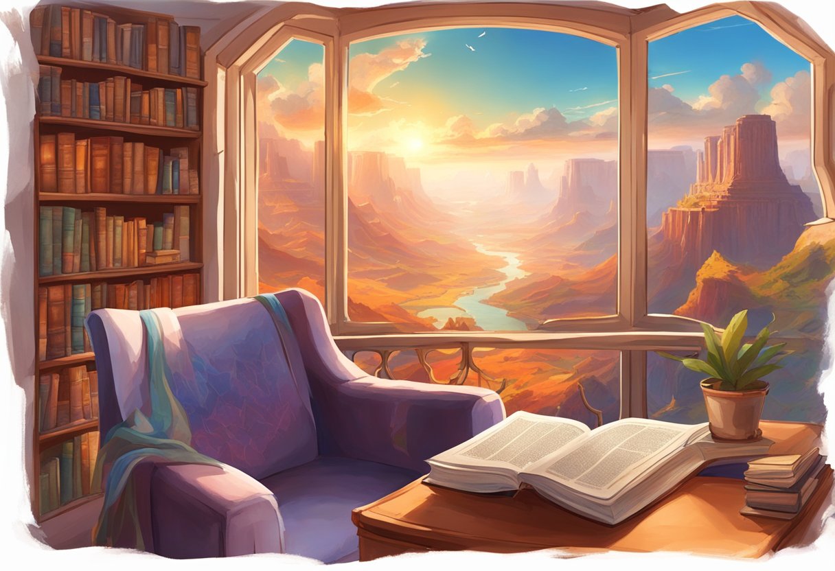 A virtual reality headset lies on a cozy couch, surrounded by travel books and maps. Through the window, a majestic canyon landscape is visible, hinting at the potential for immersive armchair travel experiences