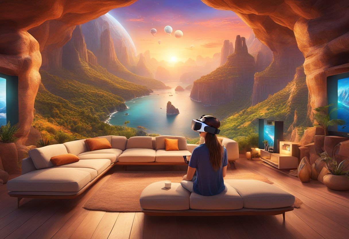A person wearing a VR headset sits on a couch, surrounded by images of exotic destinations. A virtual canyon landscape is displayed on the screen, transporting the viewer to a breathtaking natural wonder