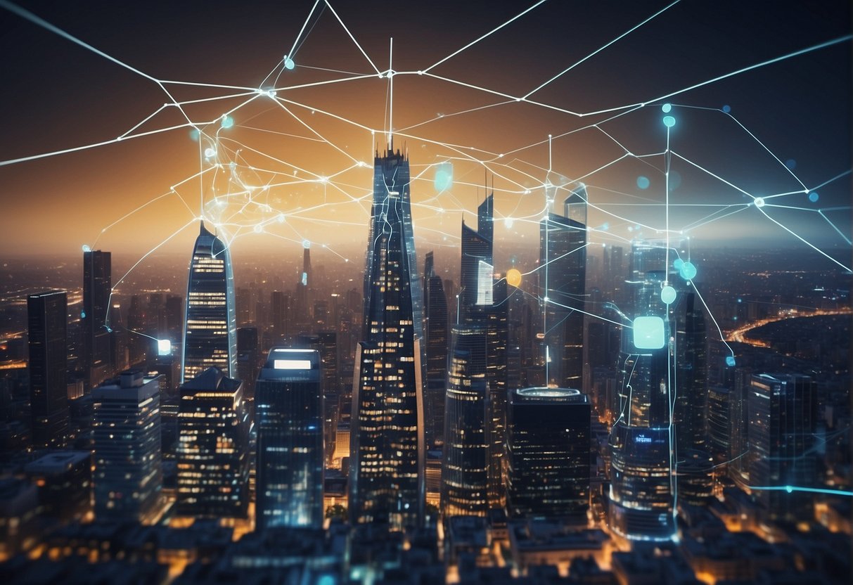 A futuristic city skyline with data streams connecting financial institutions, overlaid with risk assessment graphs and charts