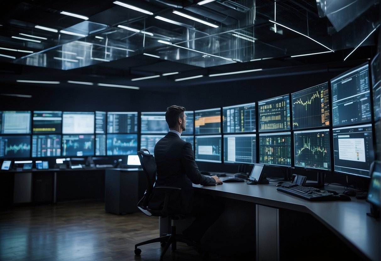 A bustling market with digital screens displaying real-time data on risk assessment trends. Traders interact with transparent systems, ensuring efficient post-trade processes
