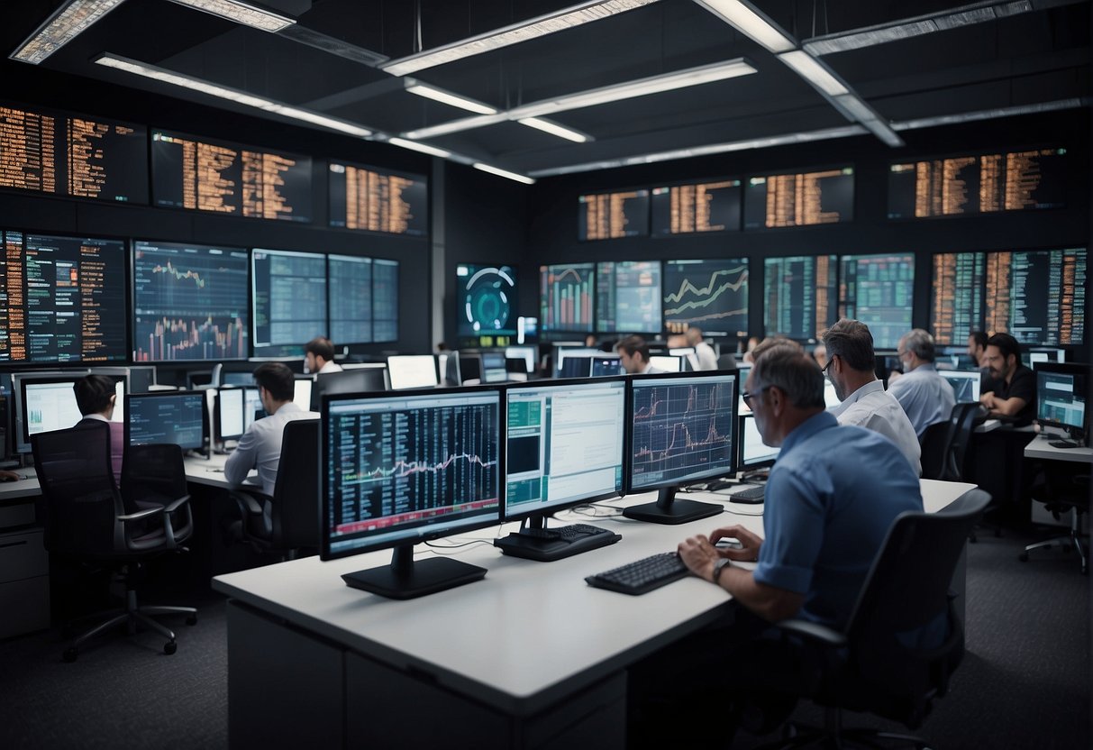 A busy trading floor with digital screens displaying risk assessments and operations data. Teams collaborating, analyzing trends, and navigating challenges