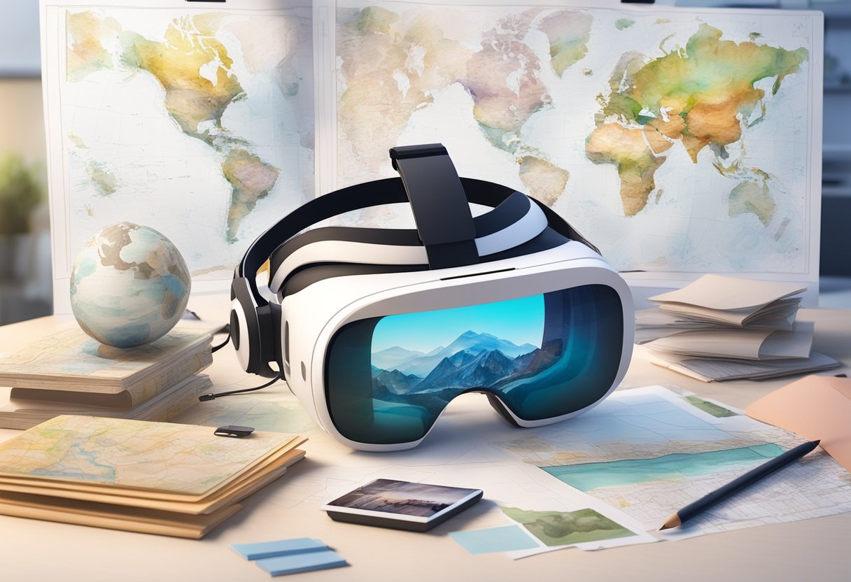 A VR headset lies on a table surrounded by maps, photos, and design sketches. A computer screen displays a 3D model of a tourist attraction