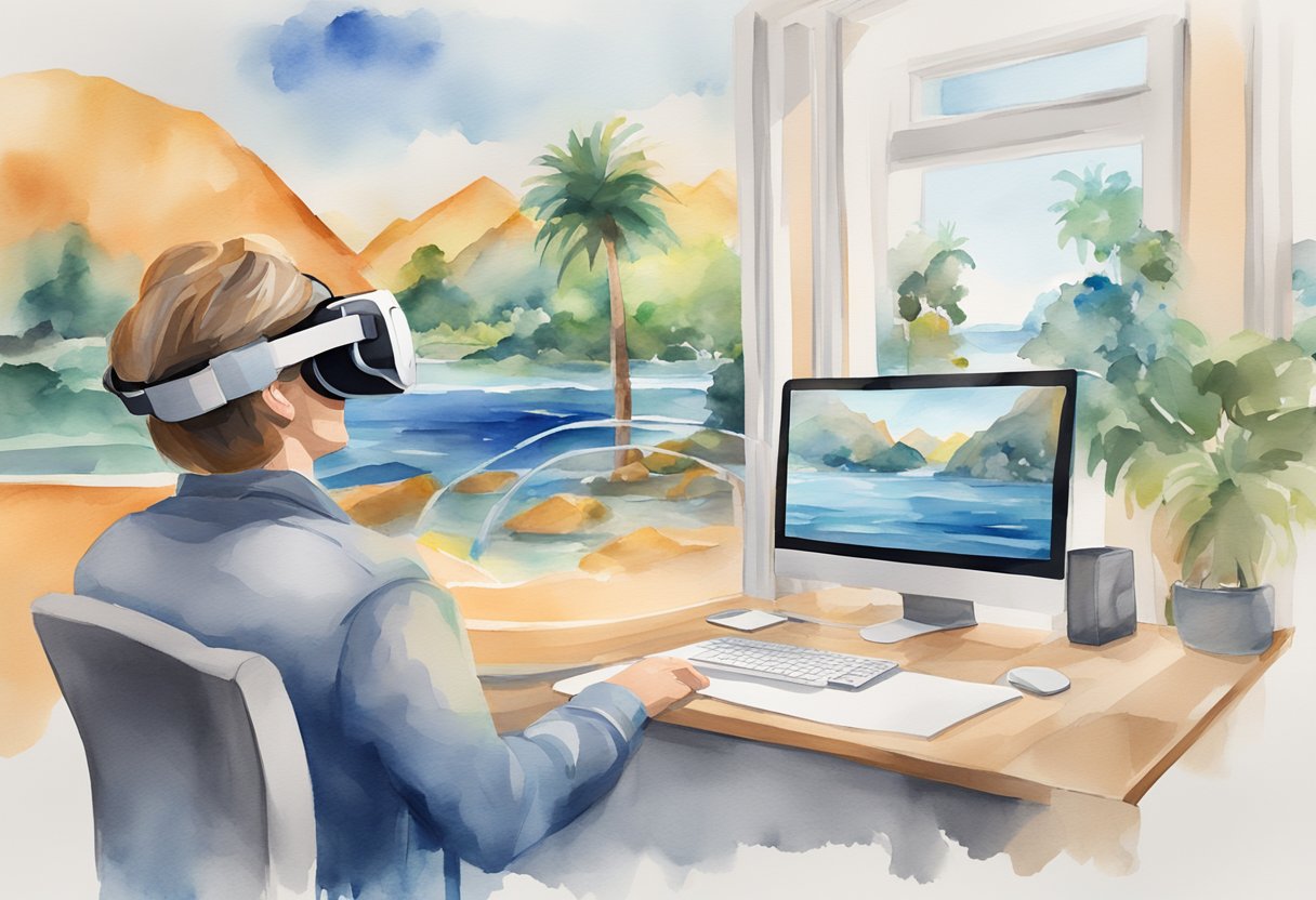 A VR headset is connected to a computer, displaying a 3D model of a tourist attraction. The user interacts with the VR interface, adjusting settings and navigating through the virtual environment