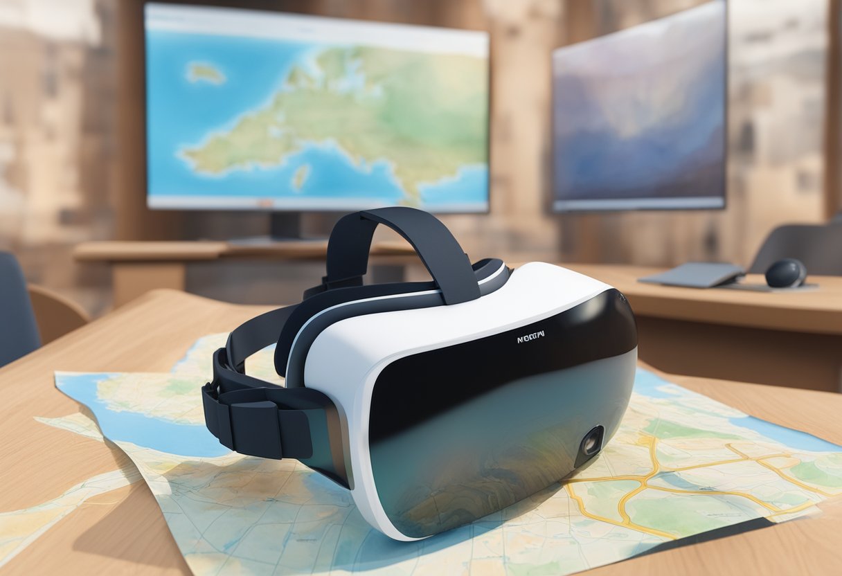 A VR headset is placed on a table next to a map of a tourist attraction, with a computer screen displaying a 3D model of the site