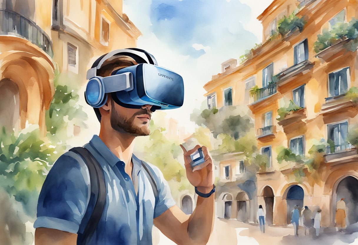 A virtual reality headset transports a user to a stunning digital recreation of a famous tourist destination, complete with realistic sights and sounds
