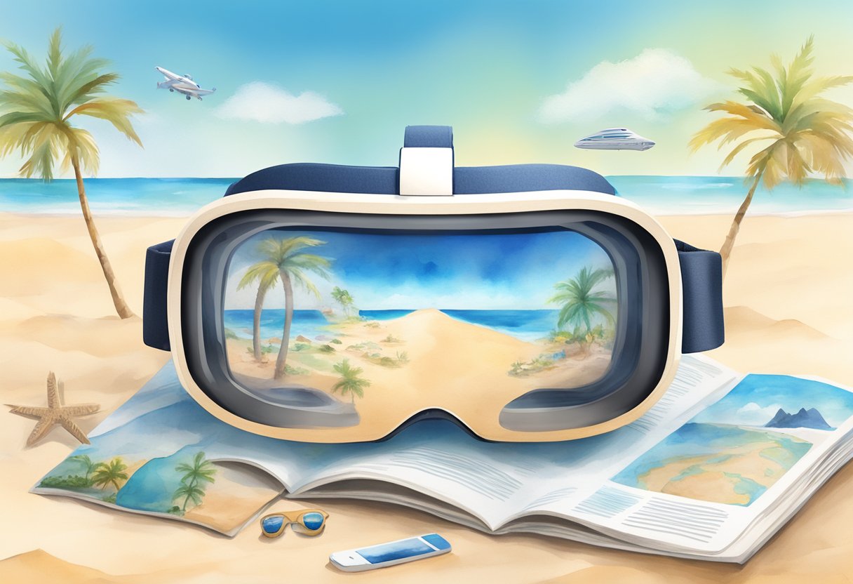 A VR headset placed on a sandy beach with a virtual tour of a famous landmark displayed in the lenses, surrounded by travel brochures and a world map