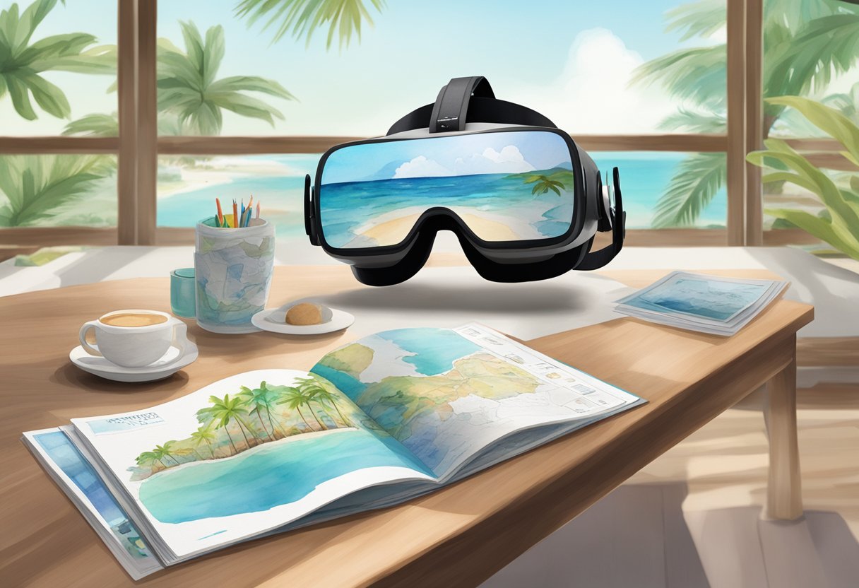 A VR headset placed on a table next to a travel brochure and a map. A virtual landscape of a tropical paradise is displayed on the screen, with a caption reading "Experience the world from your living room."