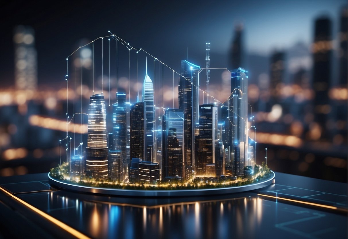 A futuristic city skyline with data streams connecting financial institutions, symbolizing advancements in post-trade risk assessment