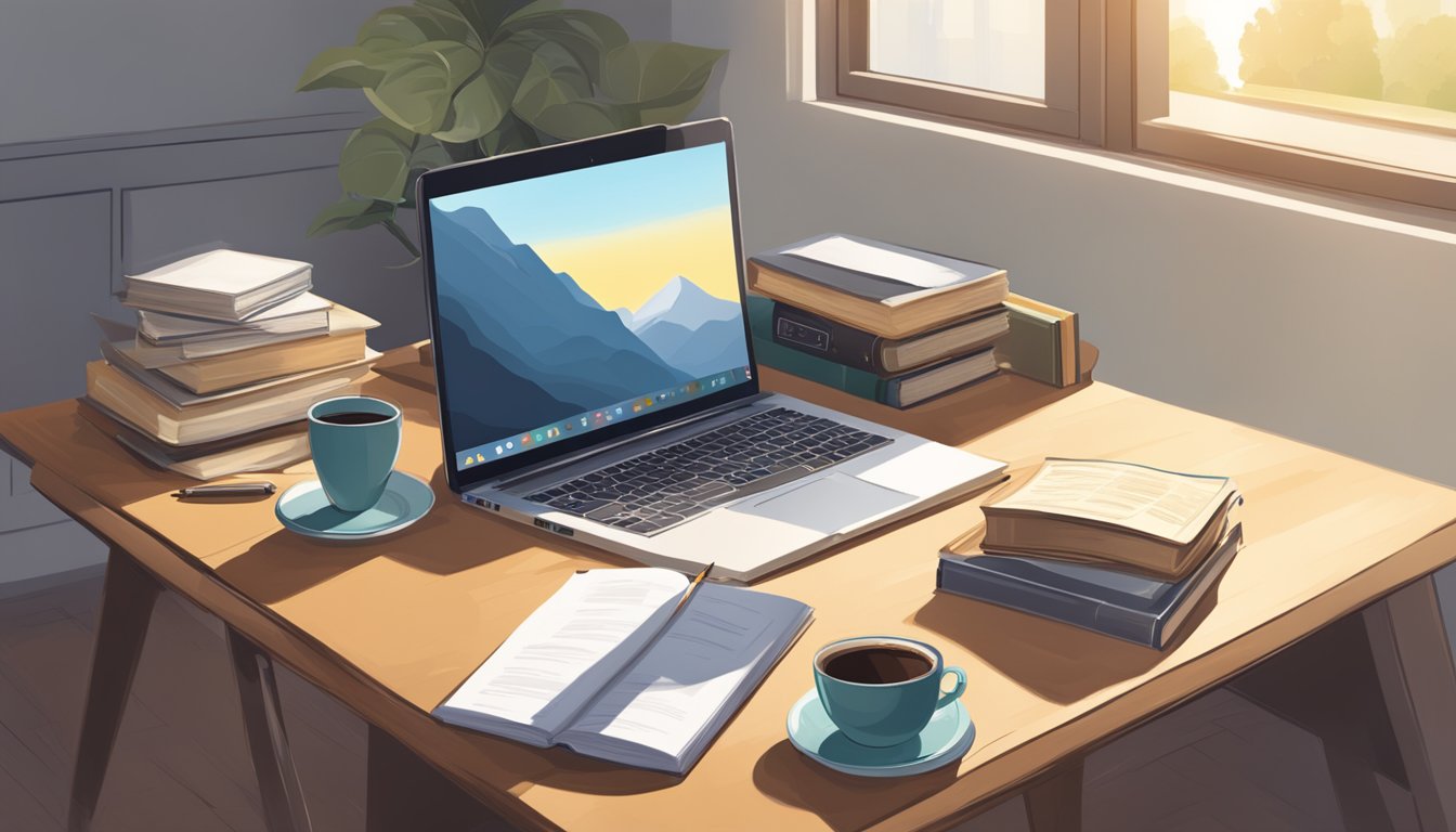 A desk with open books, a pen, and a laptop.</p><p>A cup of coffee sits nearby.</p><p>The room is well-lit with natural light