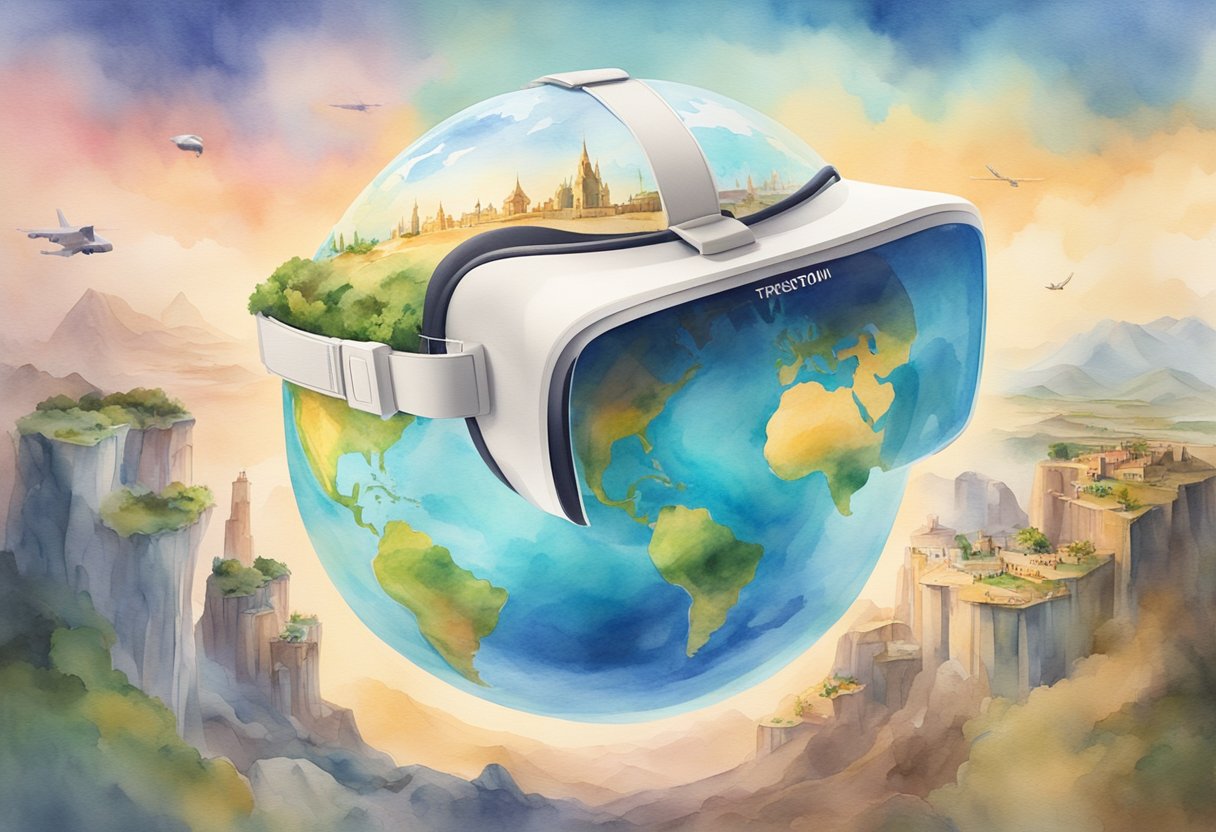 A virtual reality headset transports a user to a stunning digital landscape, showcasing iconic global tourism destinations