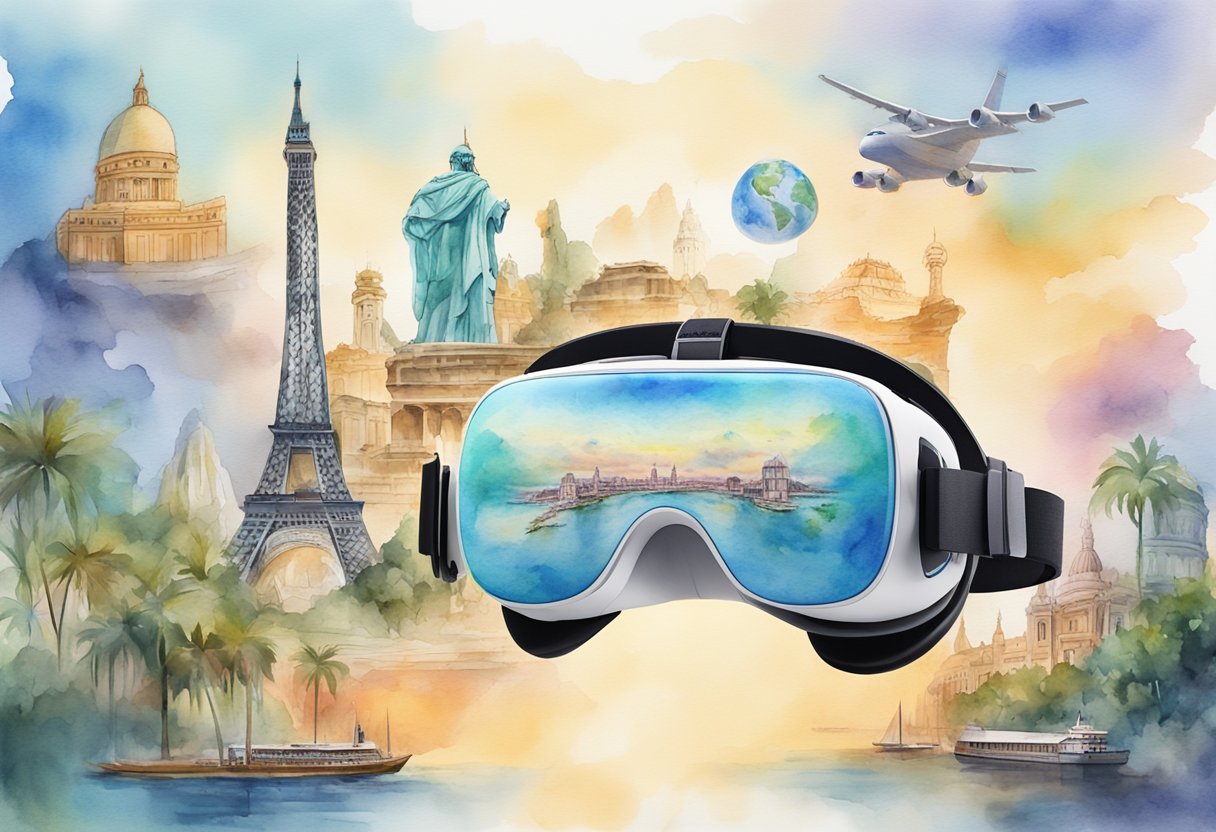 A virtual reality headset transports viewers to iconic global landmarks, showcasing its impact on tourism industry