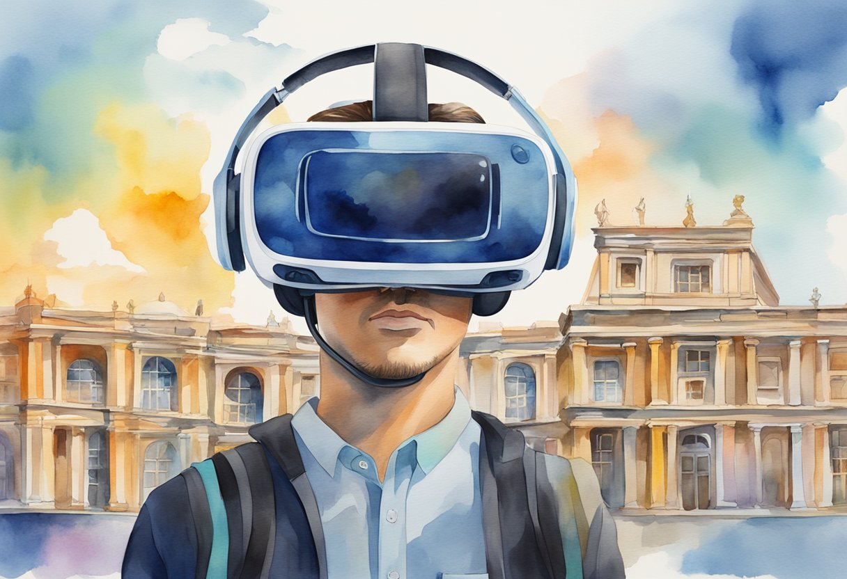 A virtual reality headset transports the viewer to iconic global landmarks, blending reality with digital innovation. The impact on tourism is evident as the technology breaks boundaries
