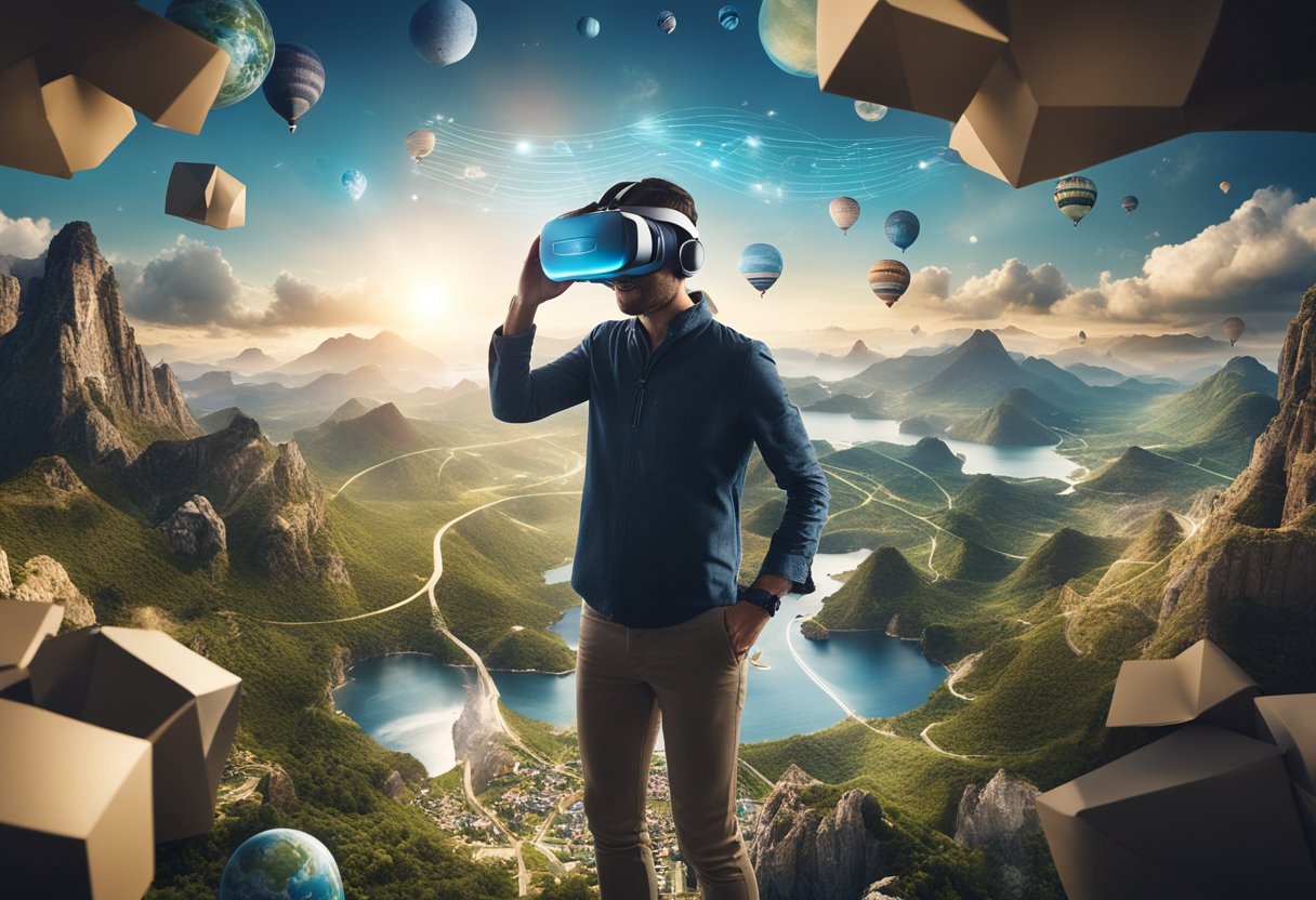A person wearing a VR headset, surrounded by virtual landscapes and travel destinations, interacting with a virtual travel planning interface