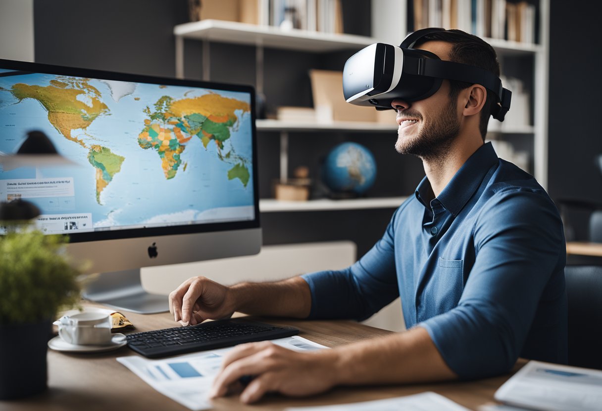 A person wearing a VR headset sits at a desk with a computer, surrounded by travel brochures and maps. They are scrolling through virtual destinations, selecting activities and accommodations for their dream vacation