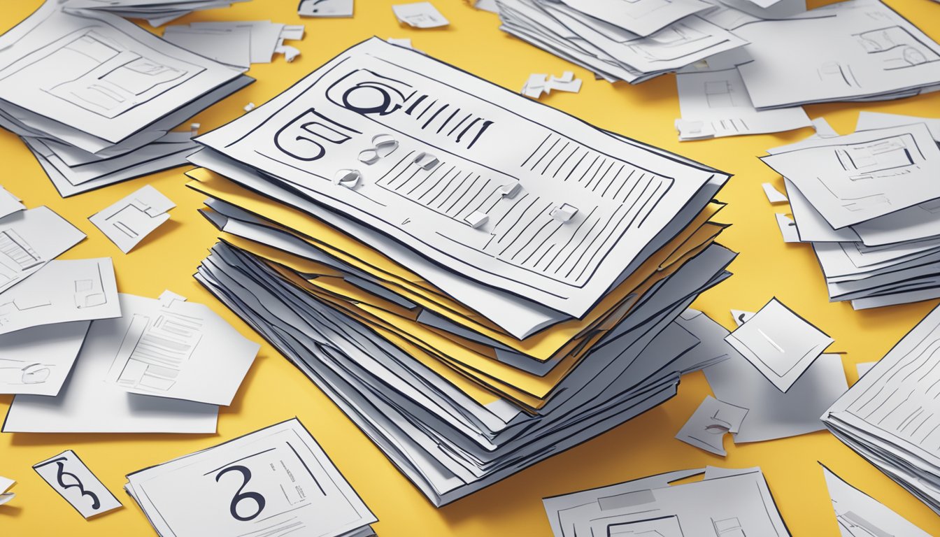 A stack of papers with "Frequently Asked Questions 67 Bedeutung" printed on top, surrounded by question marks and a puzzled expression
