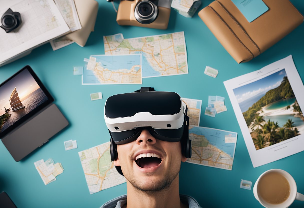 A person using VR headset to plan vacation, surrounded by virtual travel destinations and interactive planning tools