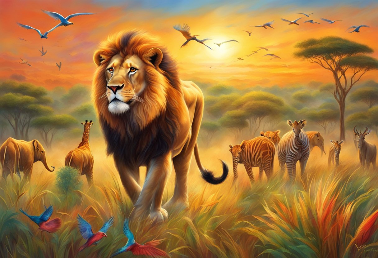 A lion roars in the savanna as a herd of elephants grazes nearby. A giraffe gracefully strides through the tall grass, while a colorful array of birds takes flight overhead