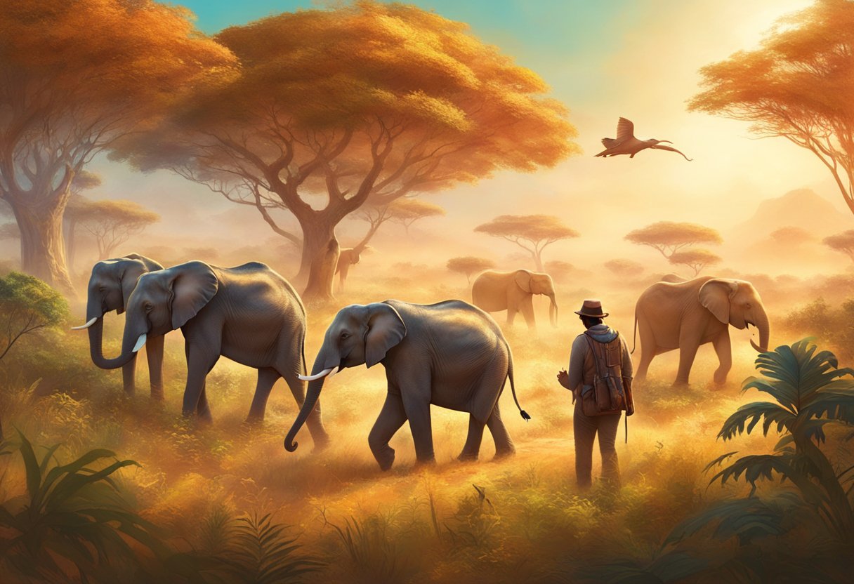 Lush savanna with roaming elephants, VR headset-wearing individuals observing wildlife, immersive experience, realistic animal behavior, interactive learning