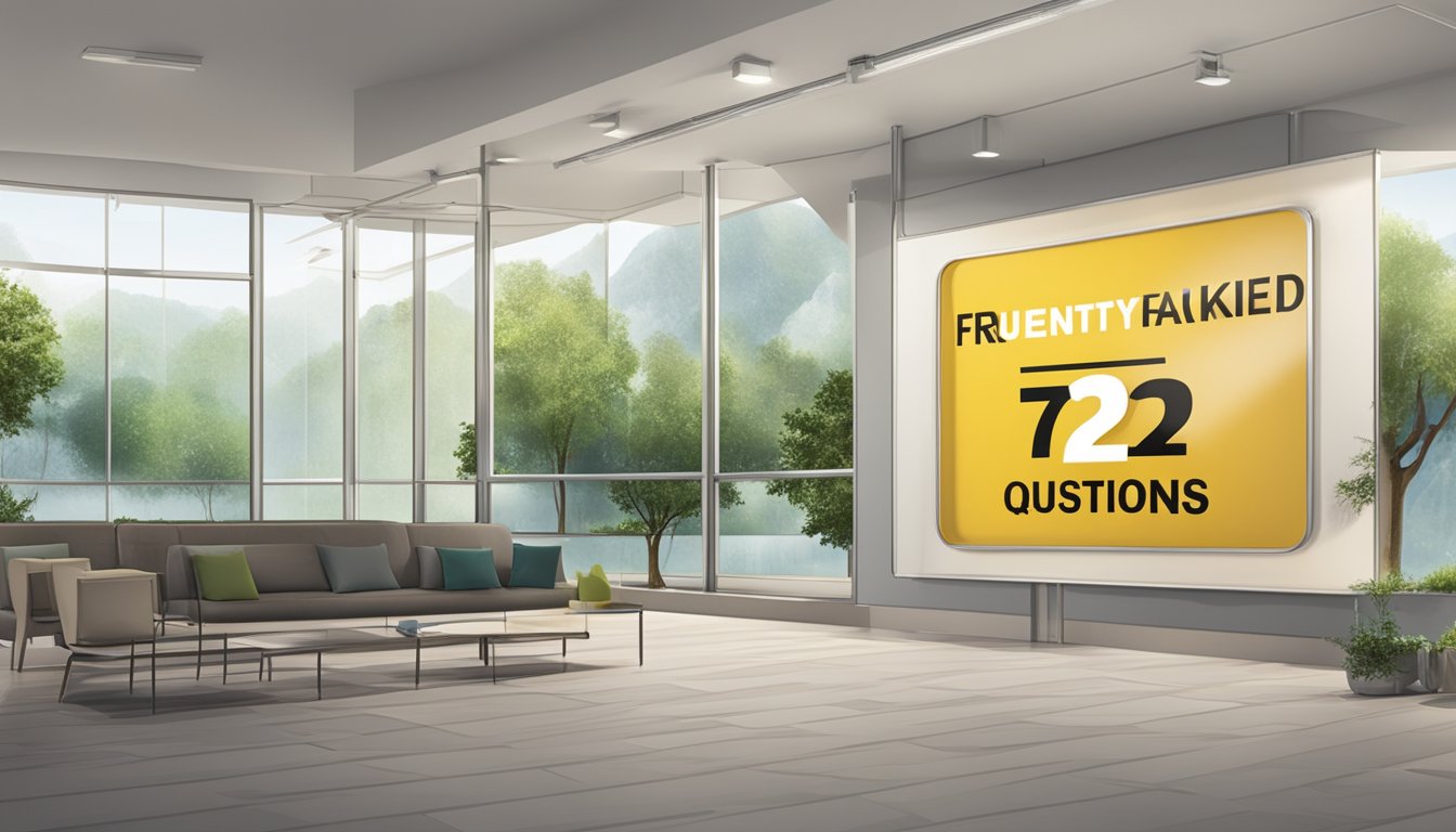 A large sign with "Frequently Asked Questions 7227 Bedeutung" displayed prominently