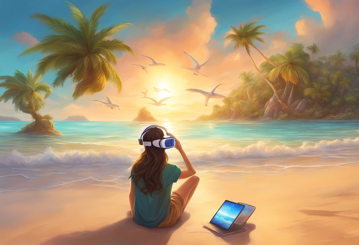 A traveler wearing a VR headset explores a digital representation of a tropical beach, complete with palm trees and crystal-clear waters