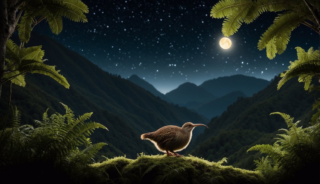 A kiwi bird wanders through a lush forest at night, illuminated by the soft glow of the moon and twinkling stars above.

The bird's unique silhouette is highlighted against the dark, mysterious backdrop of the New Zealand wilderness