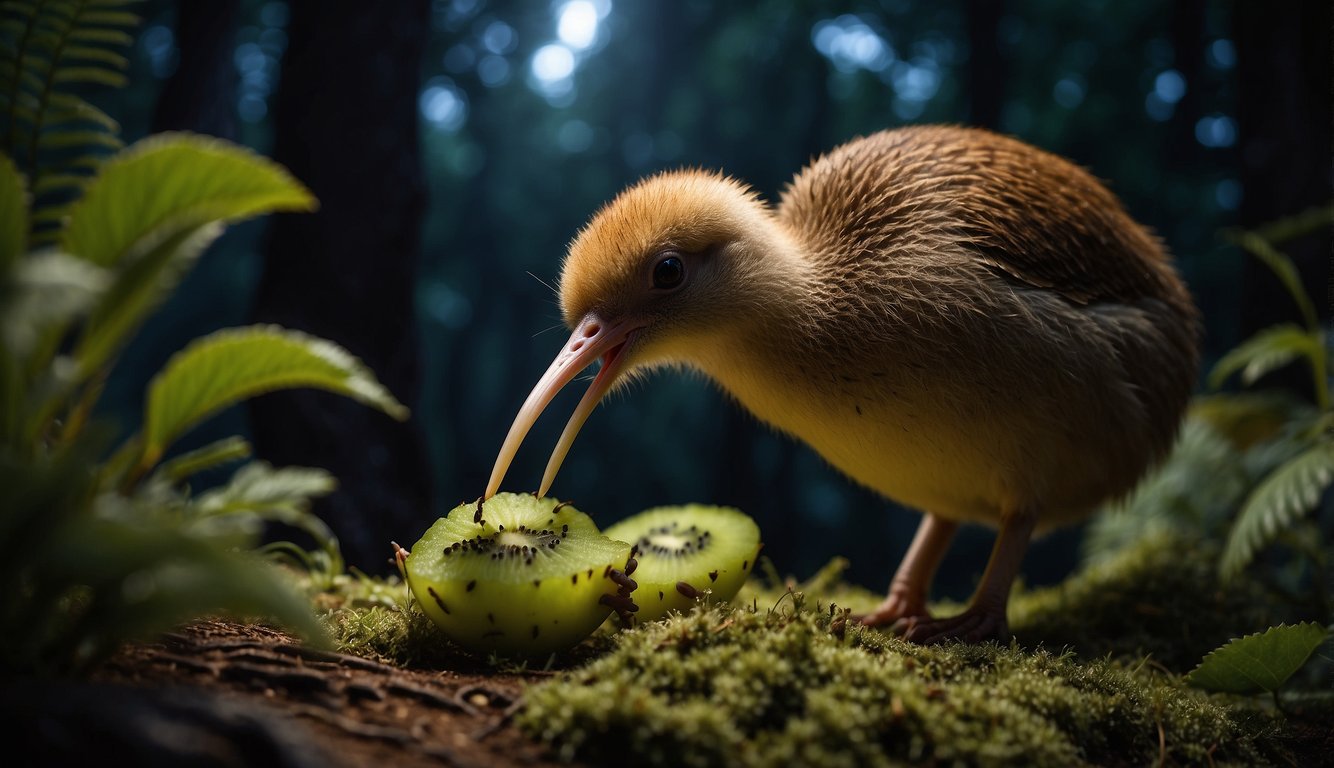 A kiwi bird forages for food in the moonlit forest, surrounded by native flora and nocturnal creatures