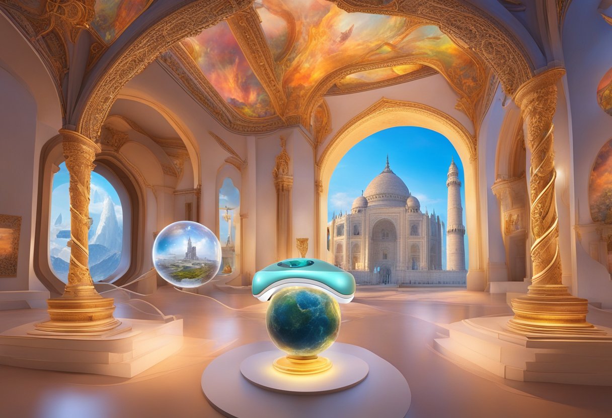 A virtual reality headset is displayed next to a 3D model of a famous landmark, surrounded by digital images of museum artifacts