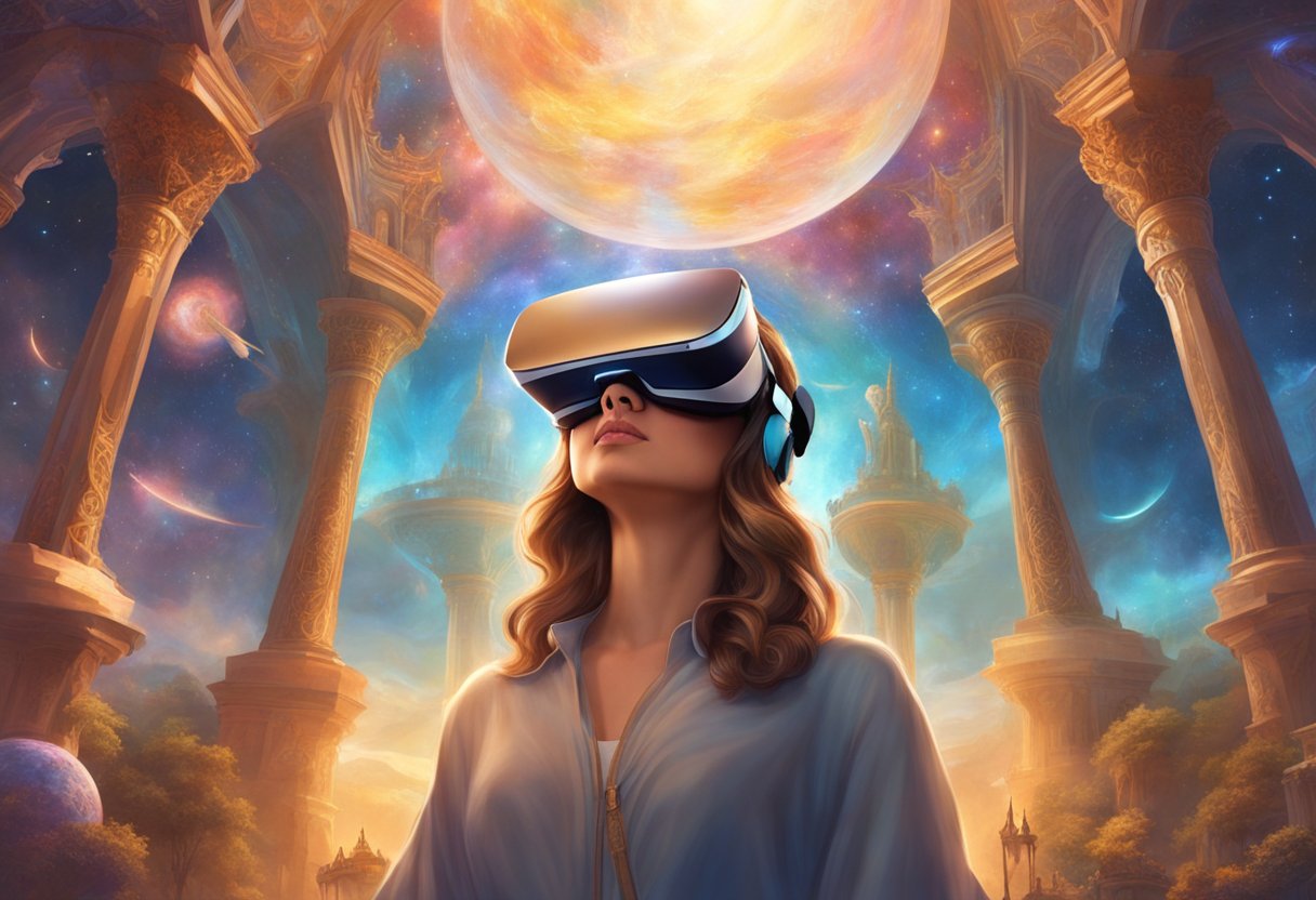 A virtual reality headset is worn, transporting the viewer to a digital recreation of a historic museum or landmark. The immersive experience redefines cultural tourism