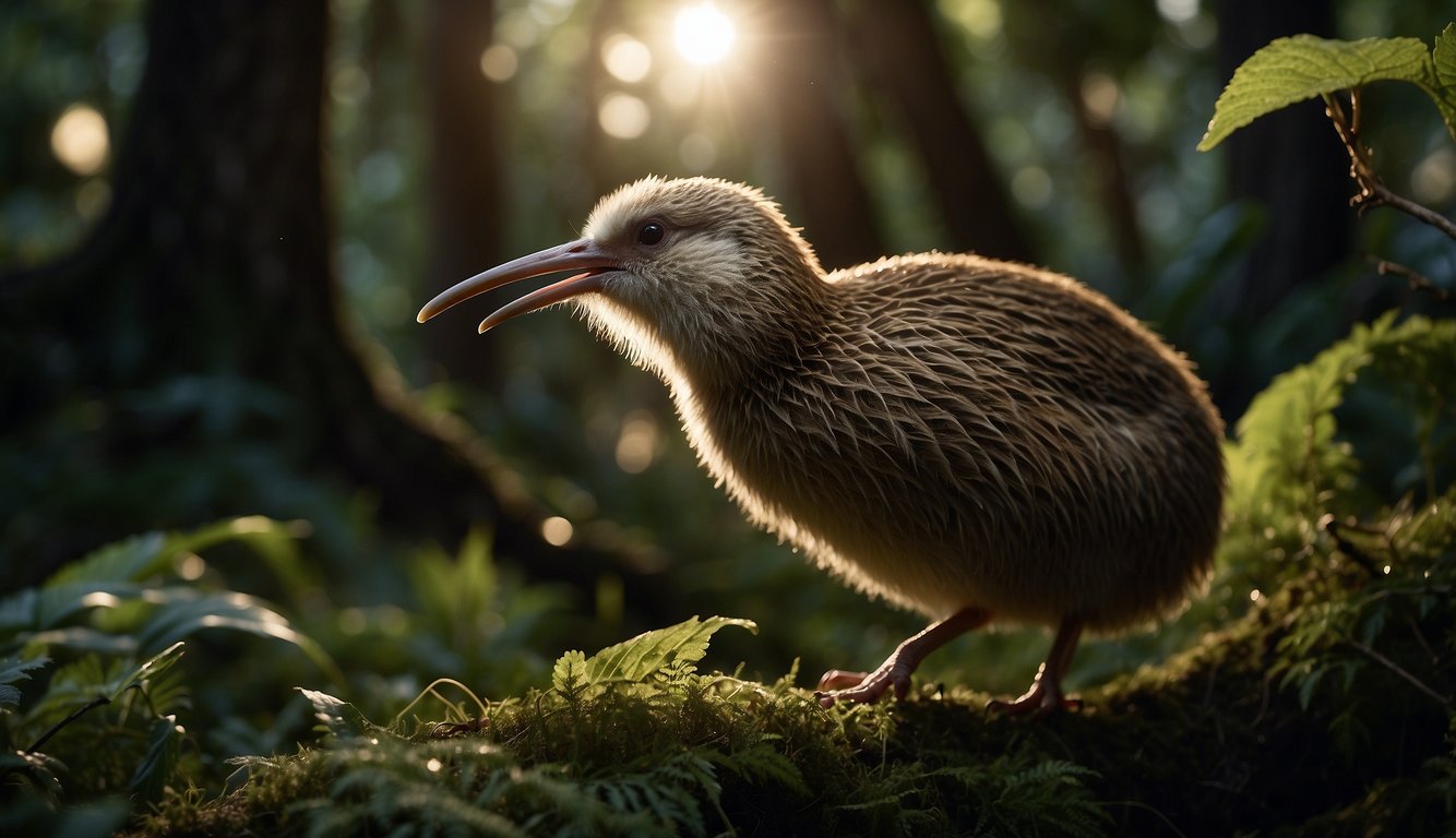 A kiwi bird forages in the dense underbrush of a New Zealand forest, its long beak probing the ground for insects and grubs.

The moonlight filters through the trees, casting a soft glow on the nocturnal creature as it goes