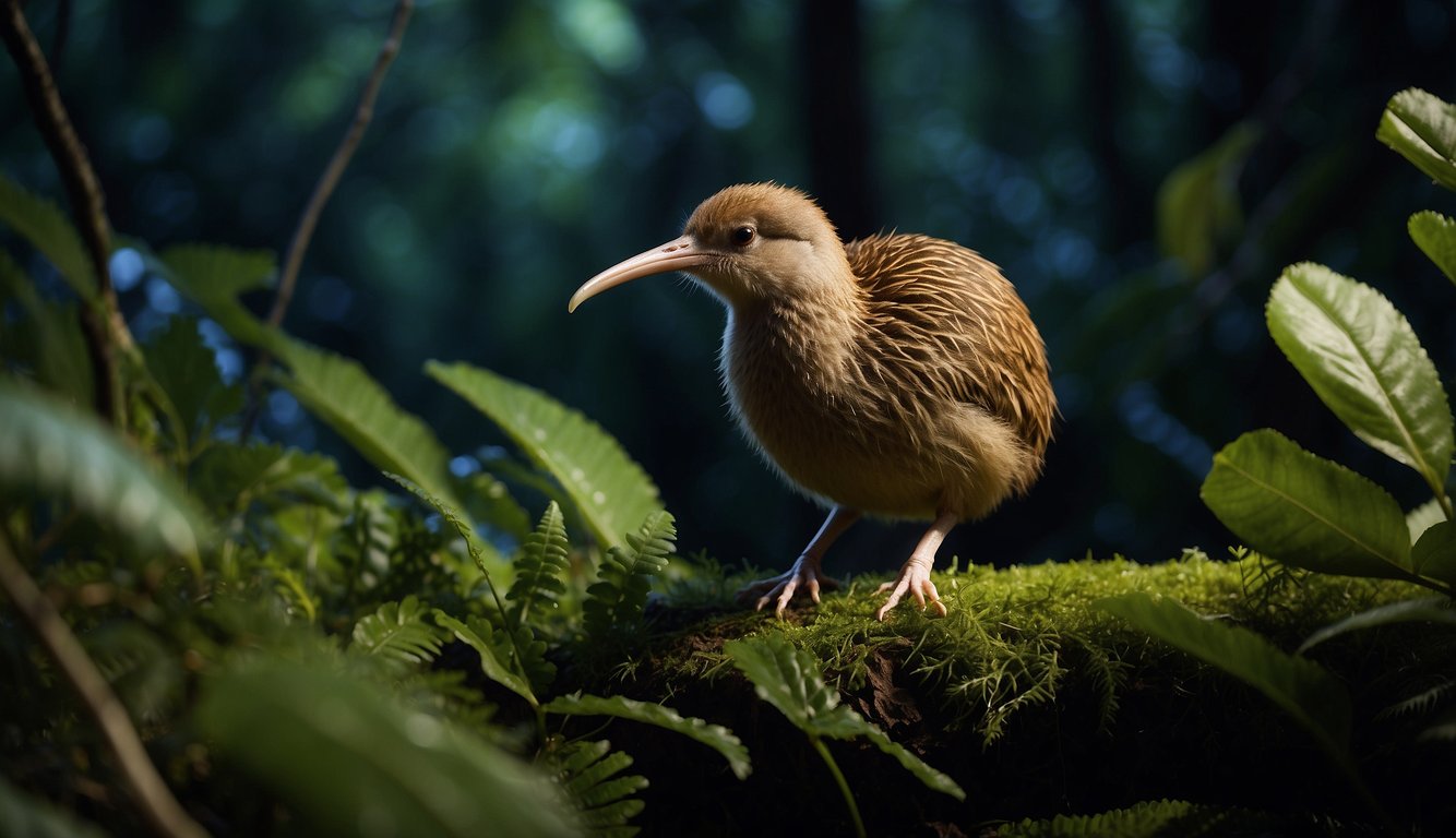 A kiwi bird wanders through the dense New Zealand forest at night, navigating through tangled roots and ferns, while keeping a wary eye out for predators