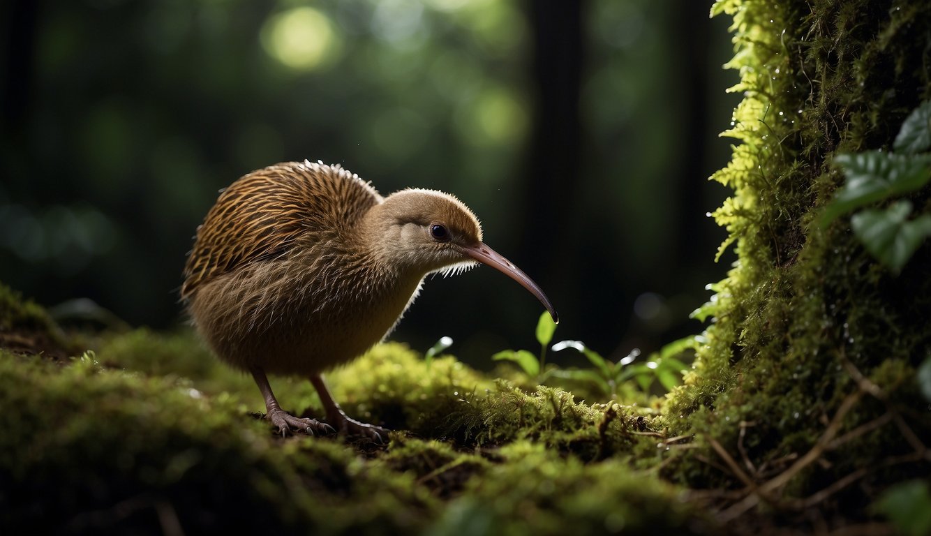 A kiwi bird explores the dark forest floor, its long beak probing for insects.

A glowworm casts a soft light, illuminating the unique, nocturnal scene
