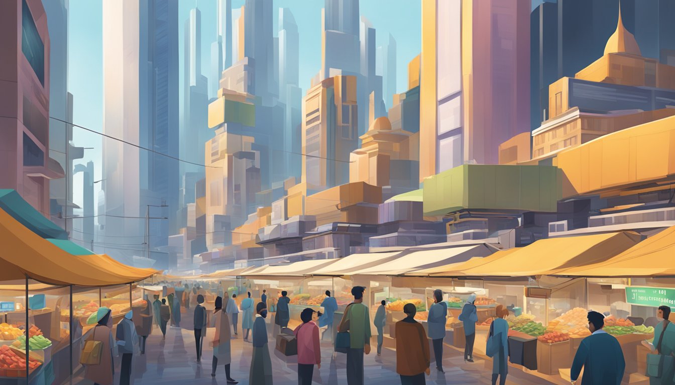 A bustling market with futuristic buildings in the background, symbolizing economic influence and future prospects
