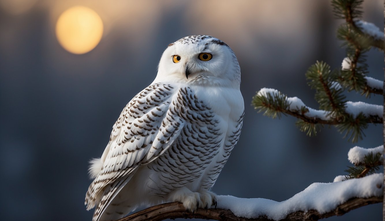 A snowy owl perches on a snow-covered branch, its piercing yellow eyes scanning the wintry landscape.

The moonlight casts a soft glow on its white feathers, creating an ethereal and mysterious scene