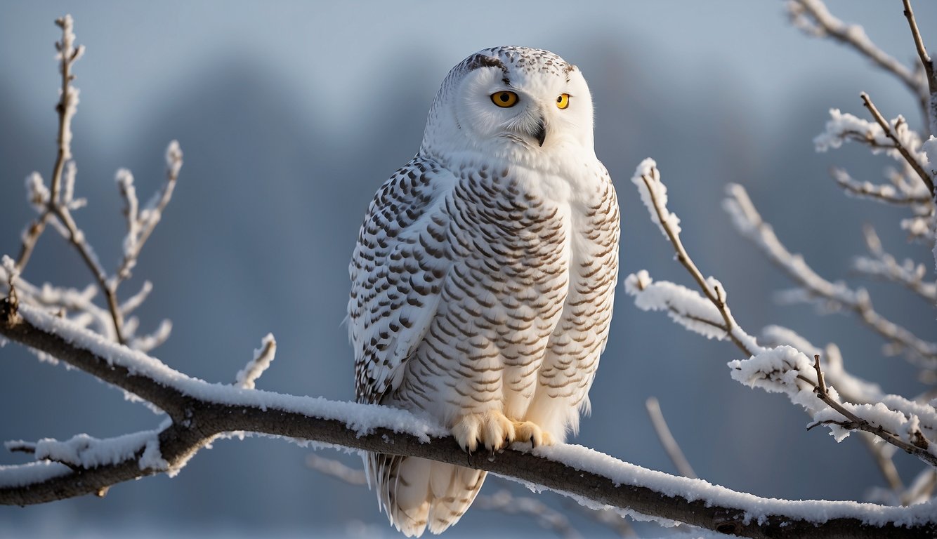 A snowy owl perches on a frost-covered branch, its piercing yellow eyes gazing intently into the distance, surrounded by a serene, snow-covered landscape