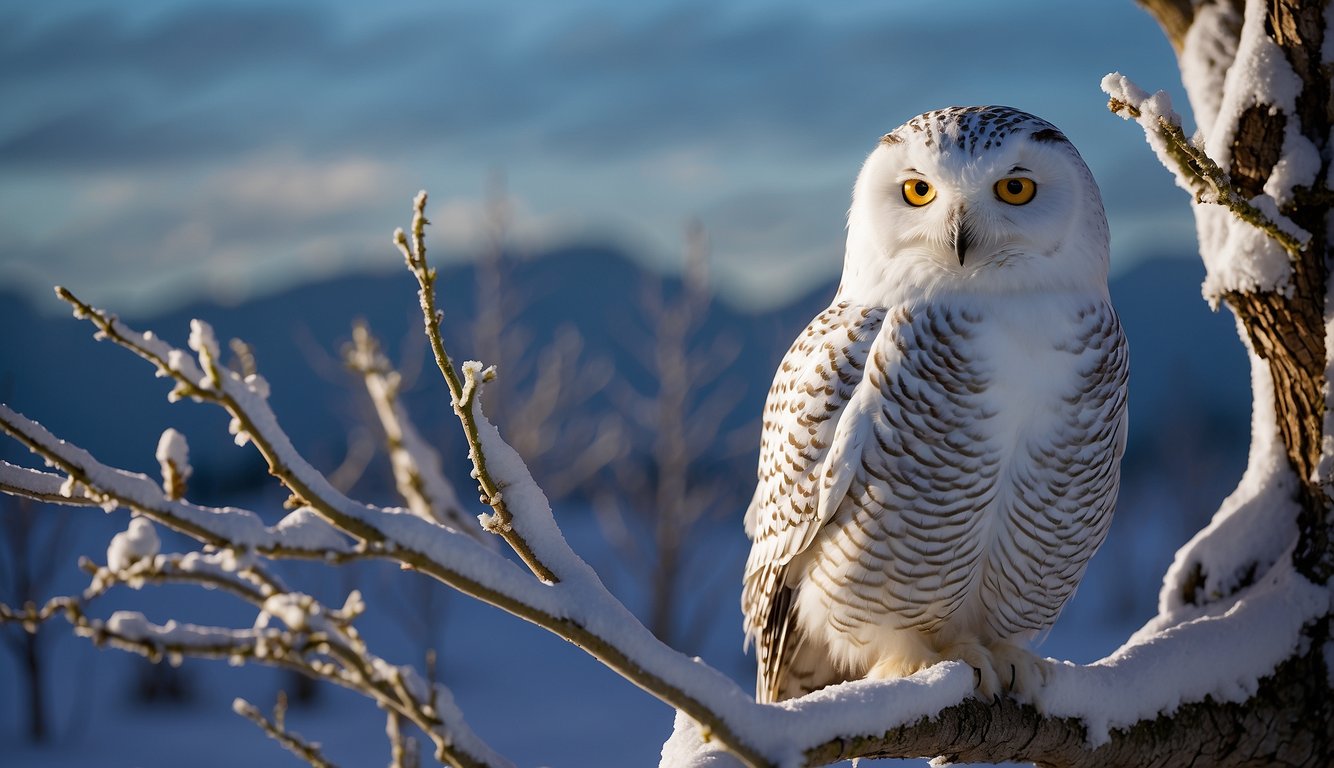 A snowy owl perched on a snow-covered tree branch, its piercing yellow eyes scanning the vast, icy landscape.

The northern lights dance in the sky, casting an ethereal glow on the majestic bird