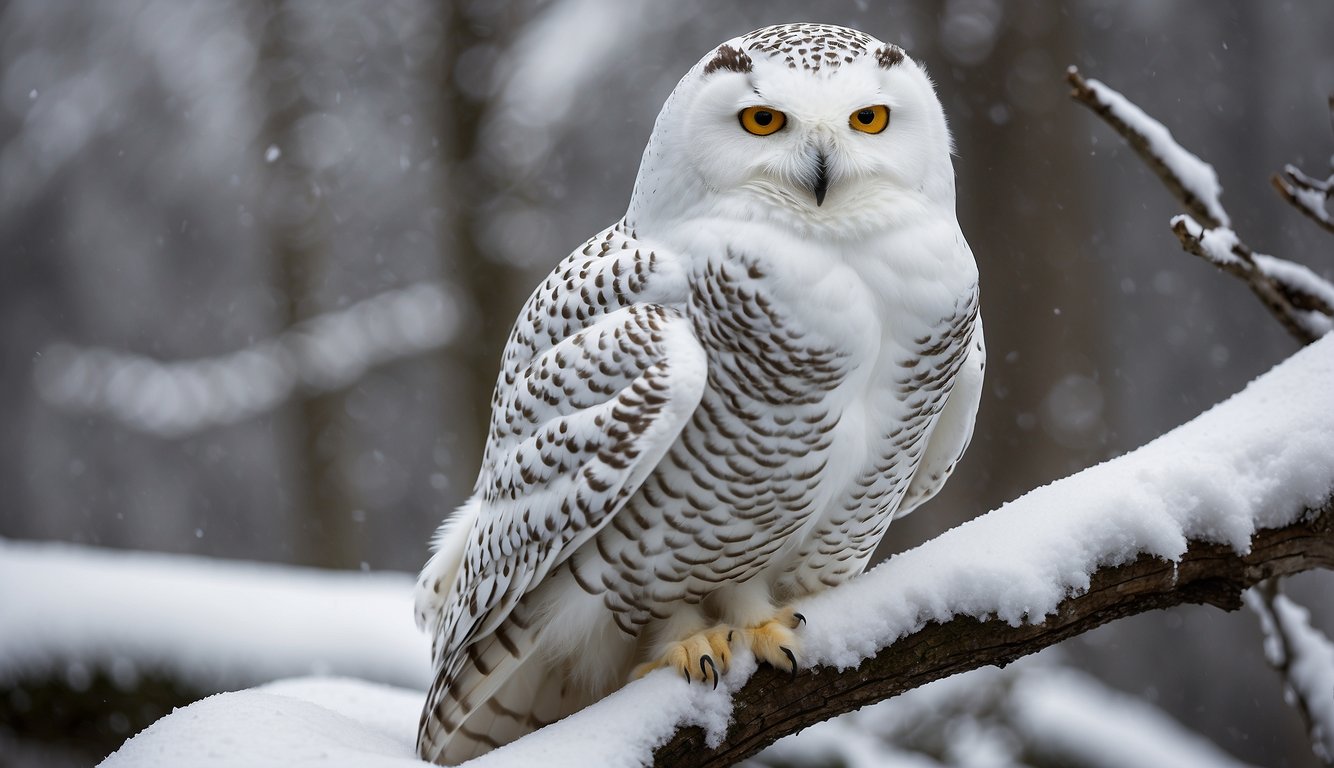 A snowy owl perches on a snow-covered branch, scanning the landscape with intense yellow eyes.

Its white feathers blend seamlessly with the wintry surroundings, and its sharp talons are poised for hunting