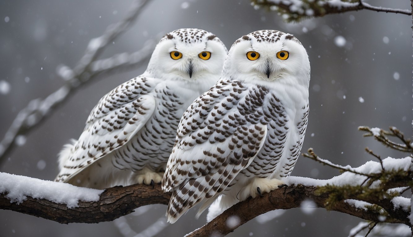 A majestic Snowy Owl perched on a snow-covered tree branch, its piercing yellow eyes gazing into the distance as snowflakes gently fall around it