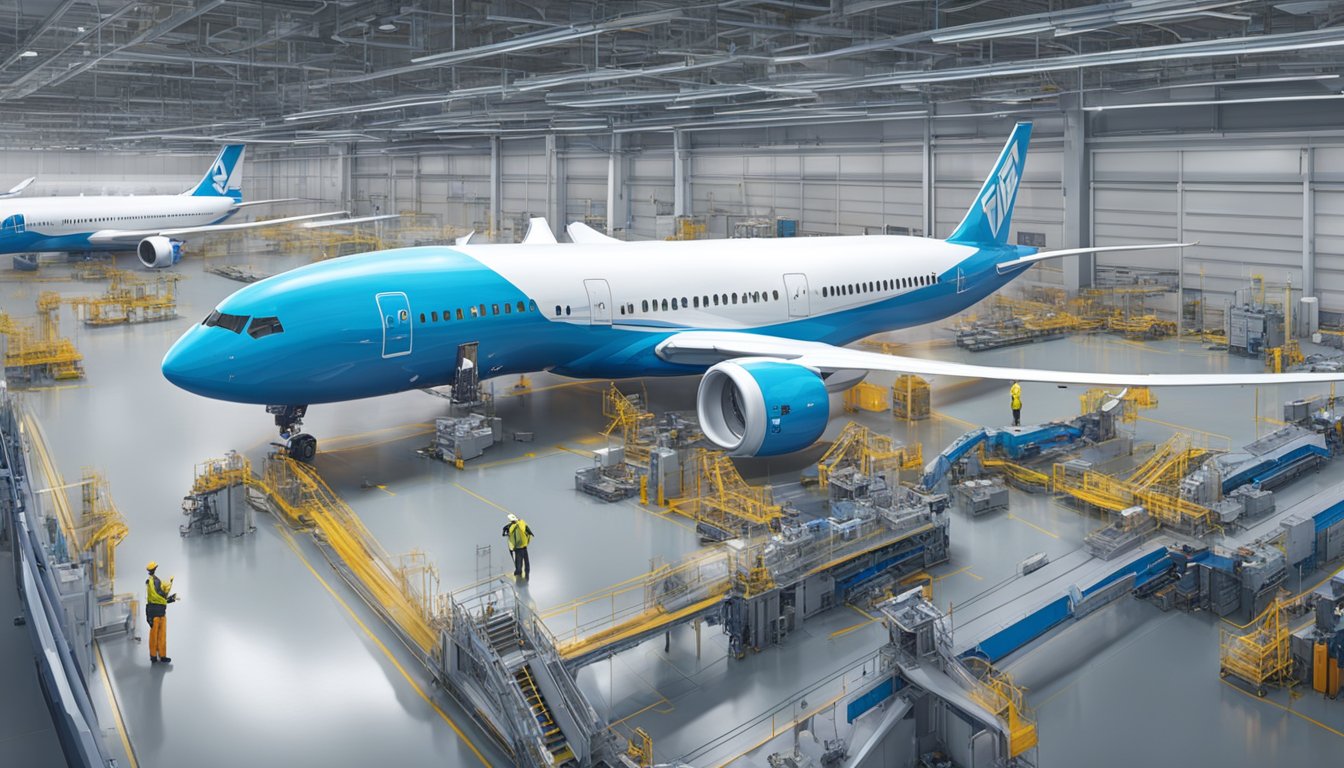 A modern factory floor with robotic arms assembling a sleek 787 aircraft, while engineers oversee the production process