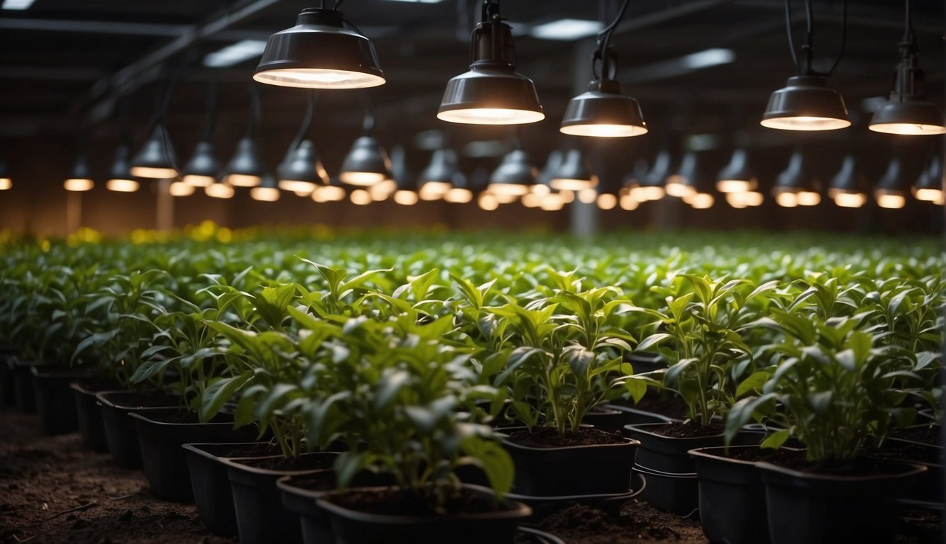 Bright grow lights illuminate rows of pepper plants in a controlled indoor environment. Temperature is regulated for optimal growth