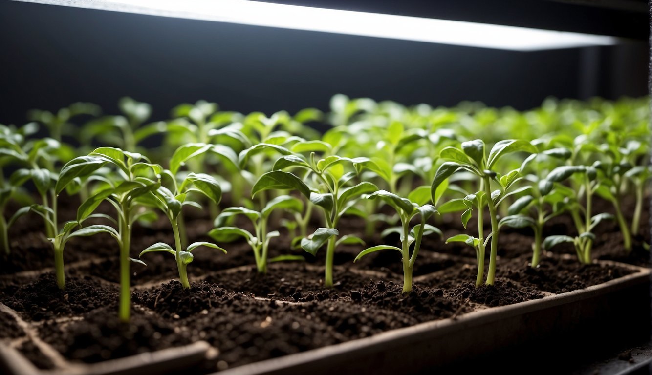 Pepper seeds are planted in nutrient-rich soil, watered, and placed under grow lights. Over time, tiny sprouts emerge, growing into healthy pepper plants