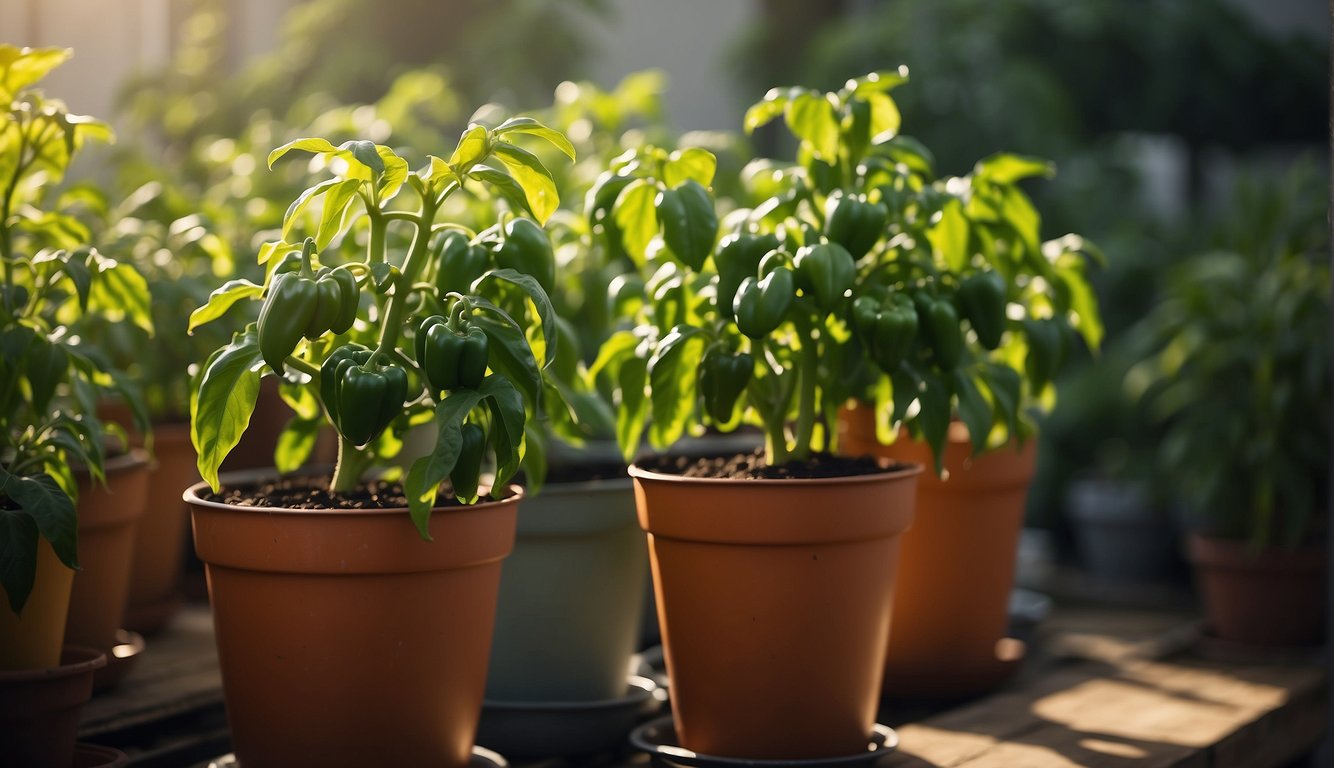 Lush green pepper plants in pots, receiving water and fertilizer, bathed in warm indoor light