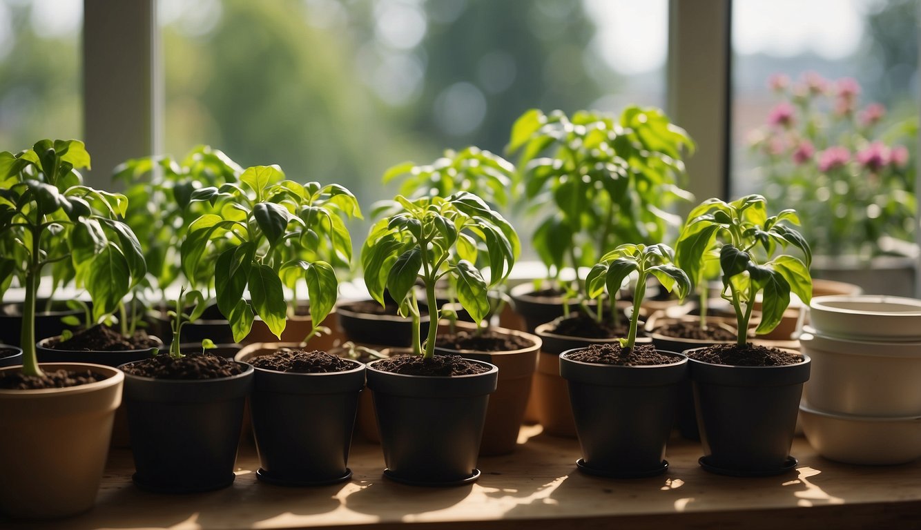 Lush green pepper plants thrive in pots on a sunny windowsill, surrounded by gardening tools and bags of nutrient-rich soil