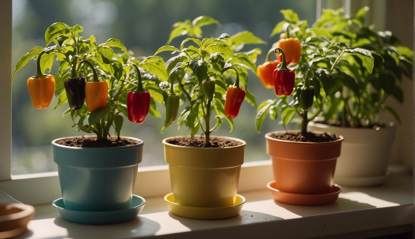 Peppers growing in pots on a sunny windowsill. A person sprinkles water on the plants. Another person picks a ripe pepper and smiles