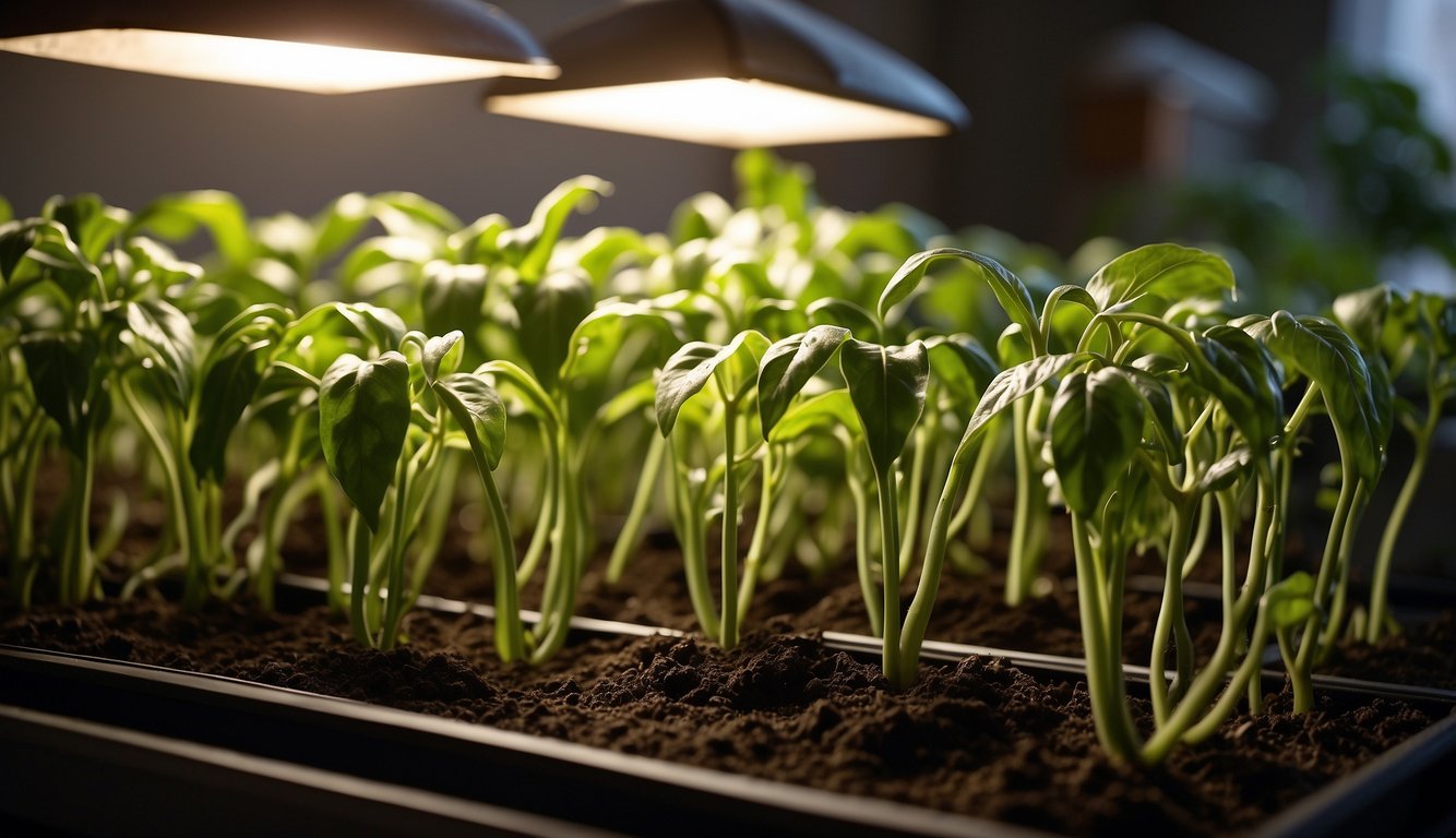 Lush green pepper plants thrive under warm LED grow lights in a cozy indoor garden, surrounded by pots of rich soil and watered with care