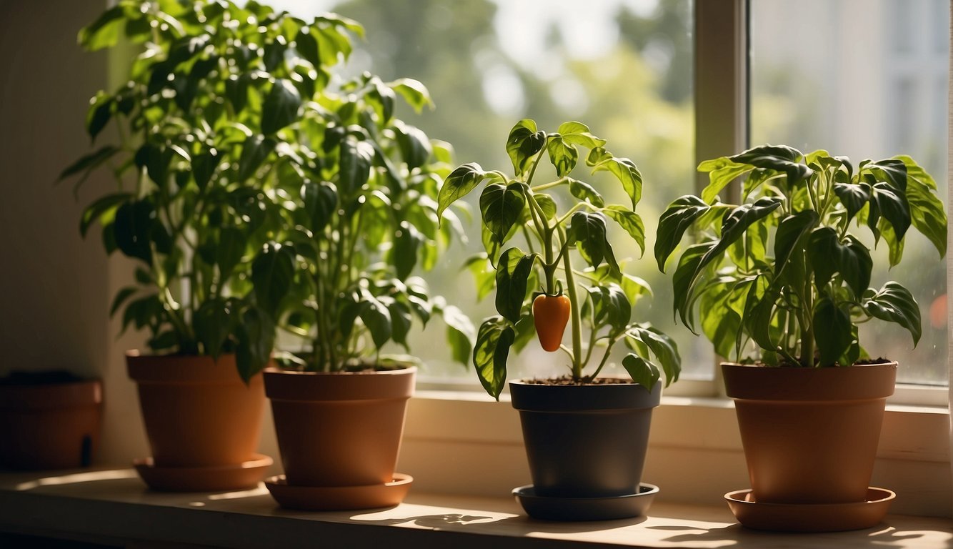 Lush green pepper plants in pots, bathed in warm sunlight by a window. A small fan circulates the air, and a watering can sits nearby