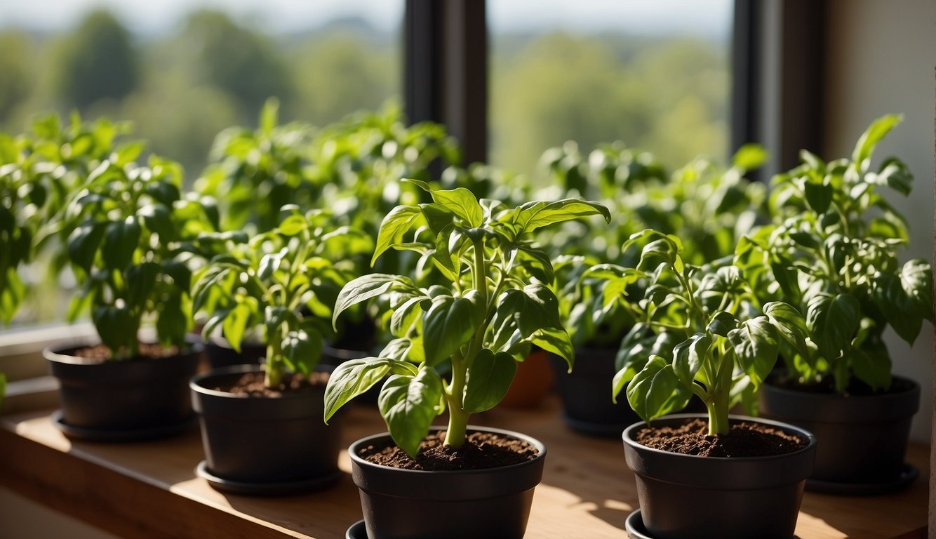 Lush green pepper plants thriving in pots on a sunny windowsill, with vibrant peppers in various stages of ripeness